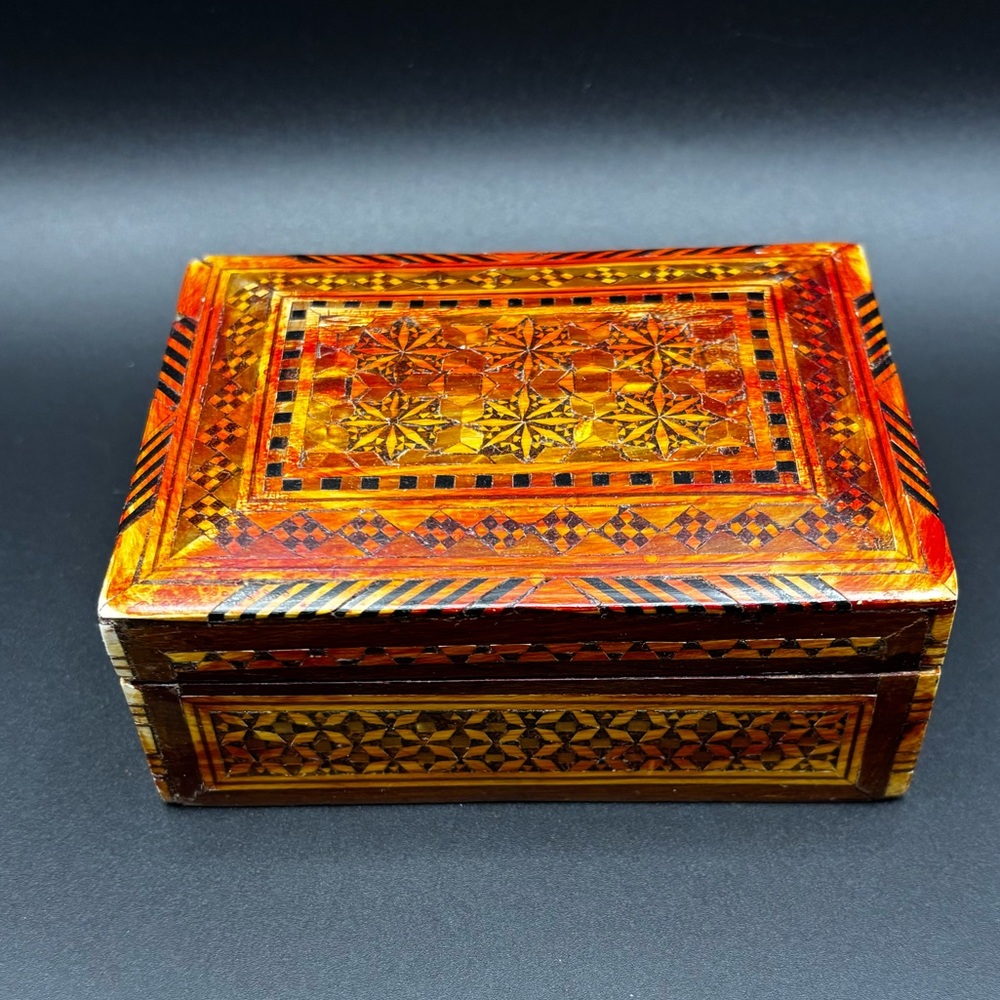 Vintage Handcrafted Hinged Wooden Intricate Decorative Box - Orange/Brown
